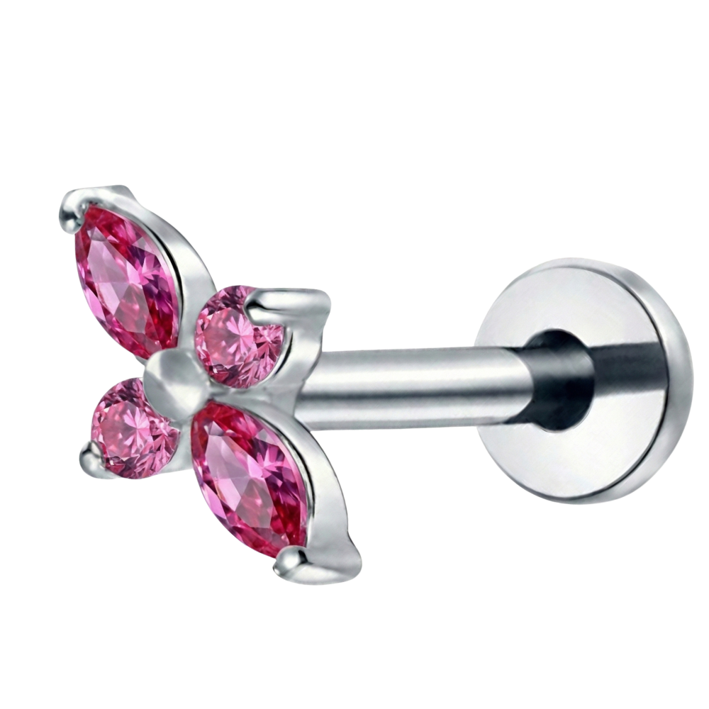 Labret decorativo de titanio - Flor con cuatro circonitas cúbicas