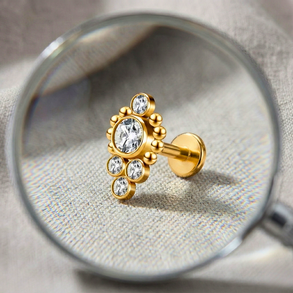 Labret decorativo de titanio - Cascada con circonitas cúbicas y bolas