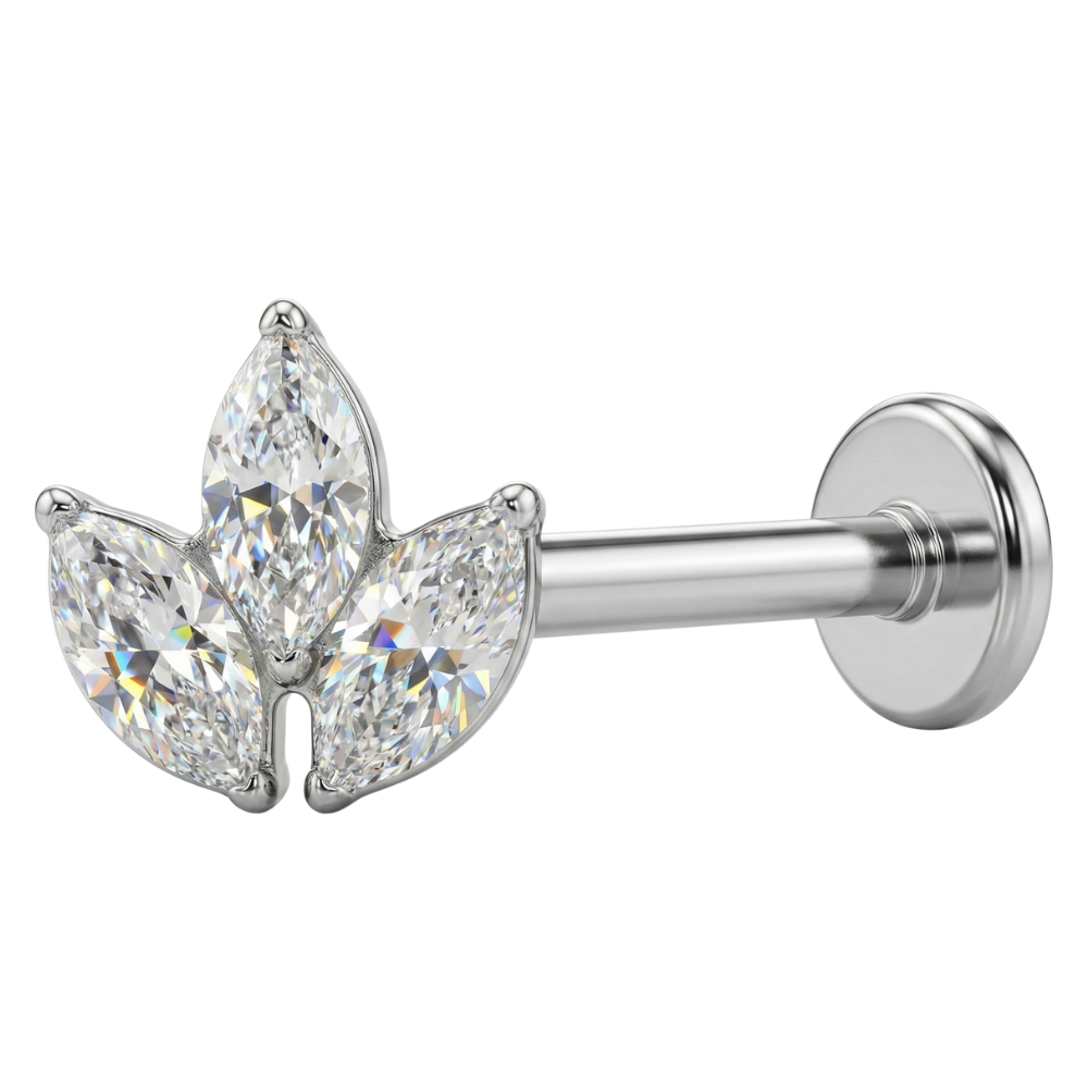 Titanium Decorative Labret - Three Cubic Zirconia Leaves