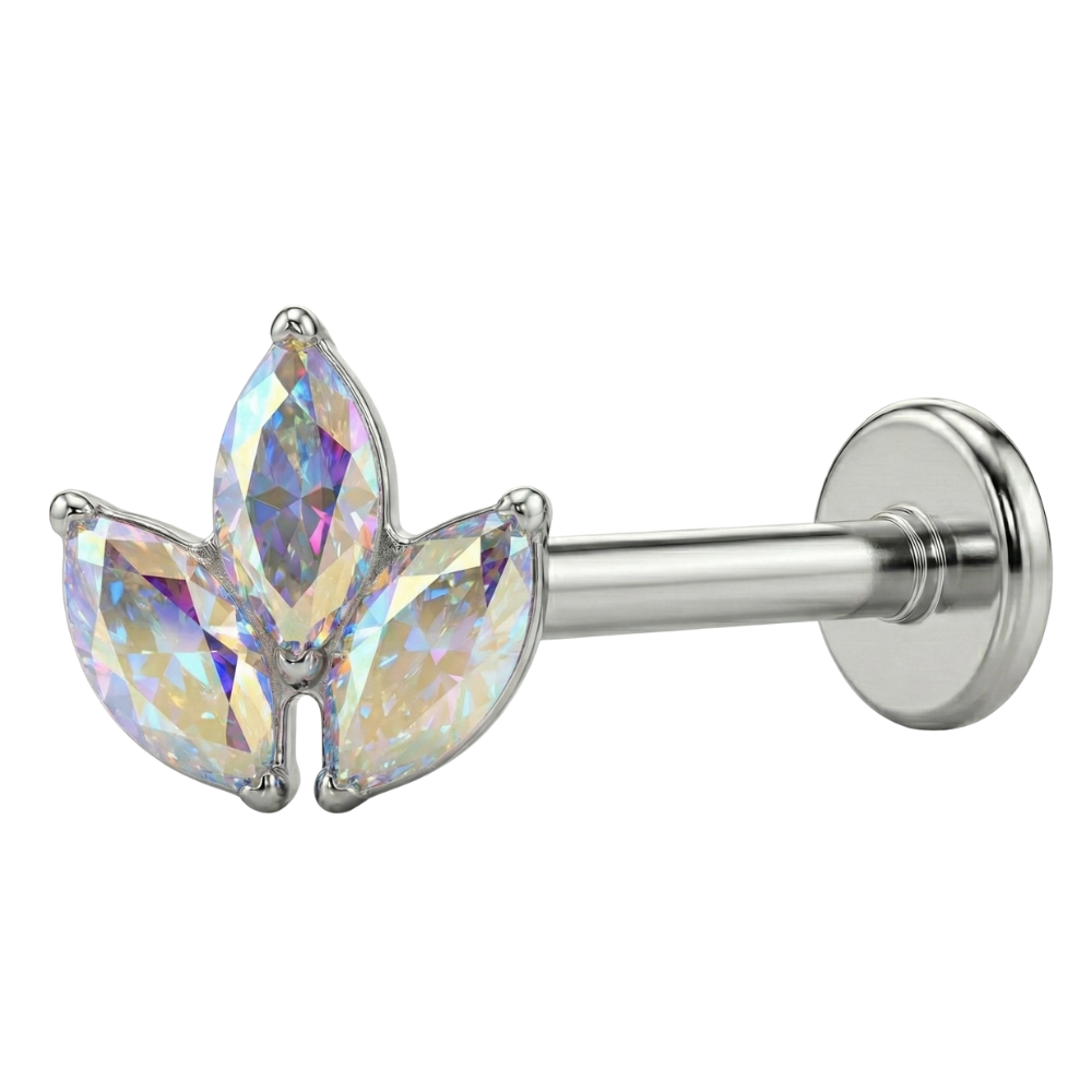 Titanium Decorative Labret - Three Cubic Zirconia Leaves