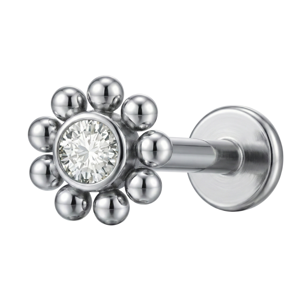 Labret decorativo de titanio - Flor de circonita cúbica con bolitas