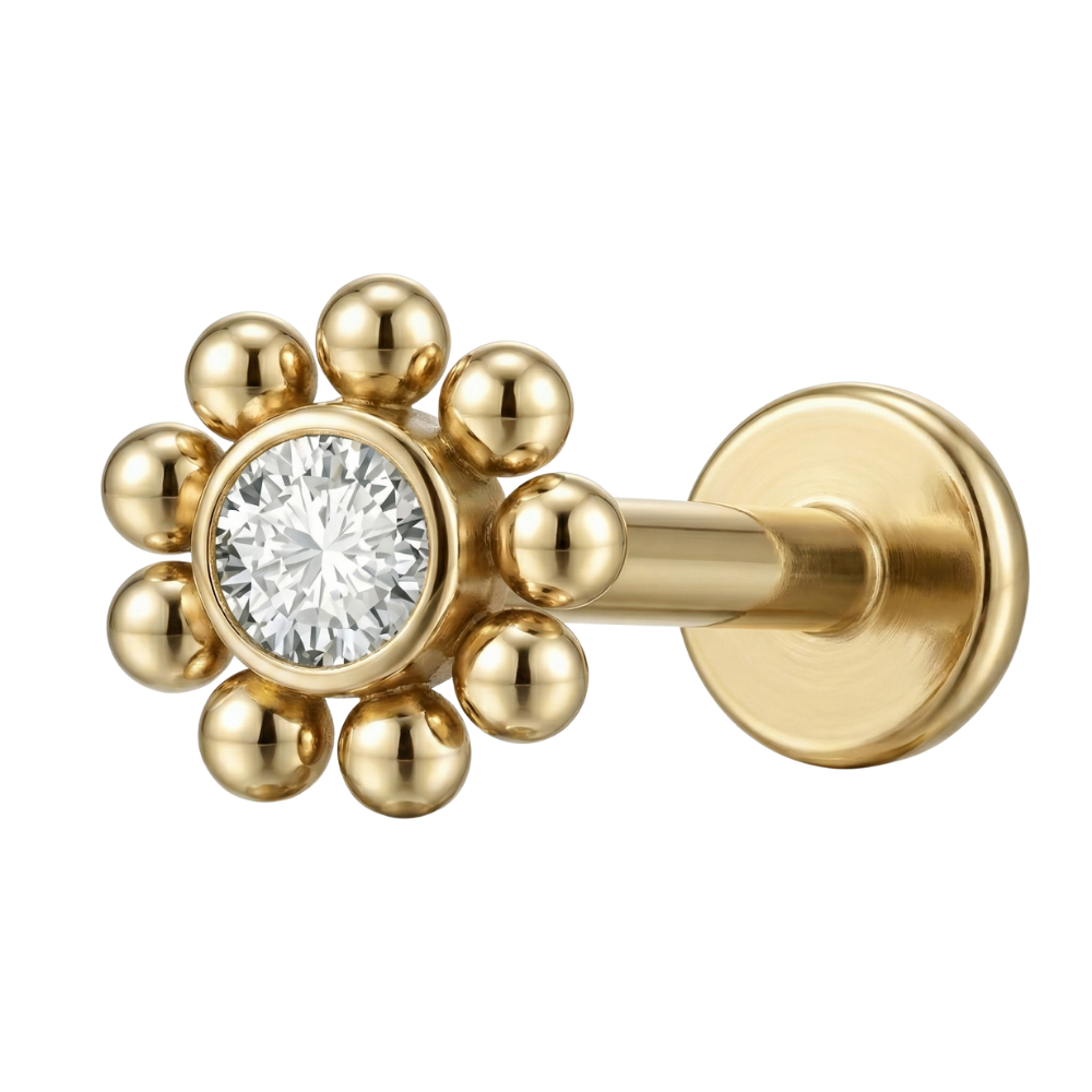 Labret decorativo de titanio - Flor de circonita cúbica con bolitas