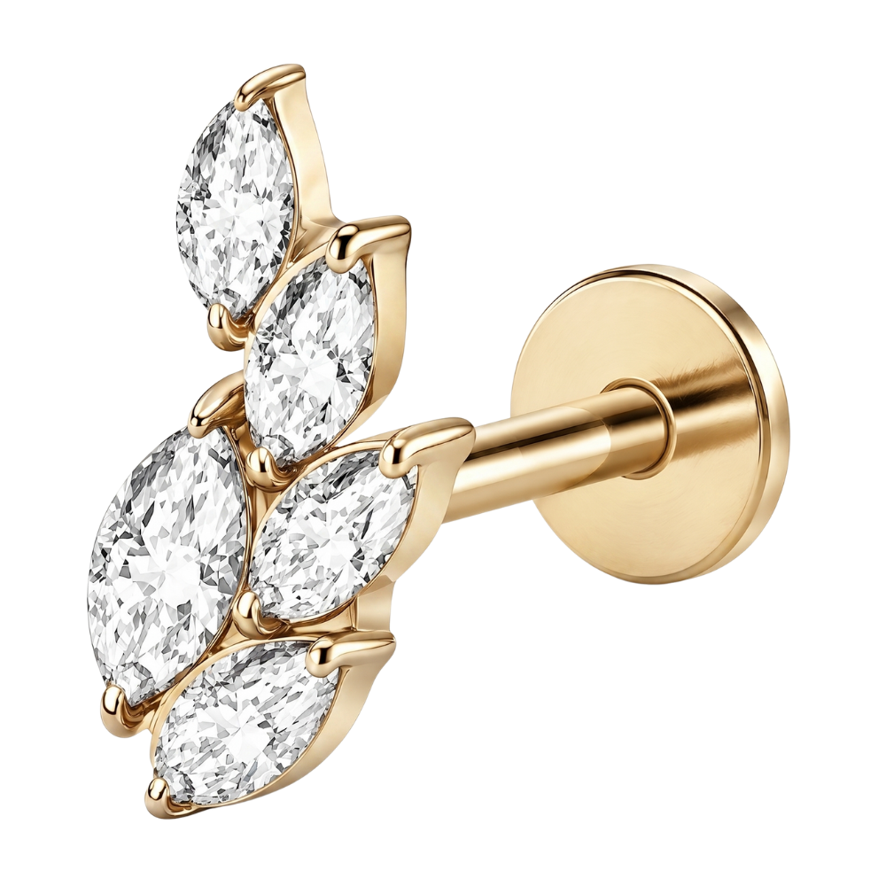 Labret Ozdobny Lisc 5 Cyrkonii Zloty