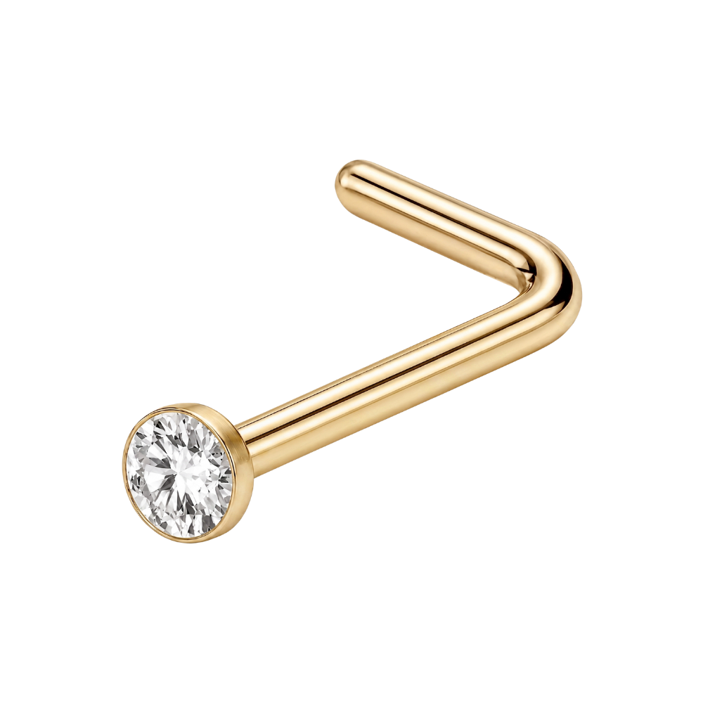 Curved Titanium Nose Ring, Flat Cubic Zirconia, Gold